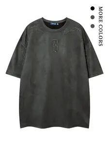 Men's Embroidery Drop Shoulder Suede Tee, Street Fashion Soft Comfy Casual Half Sleeve Round Neck T-Shirt for Summer, Men's Top for Daily Wear Streetwear
