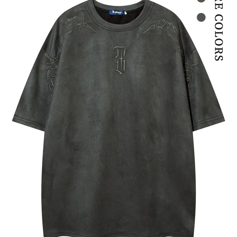 Men's Embroidery Drop Shoulder Suede Polyester Tee, Street Fashion Soft Comfy Half Sleeve Round Neck T-Shirt for Summer, Men's Top for Daily Wear #GLOBAL PICKS