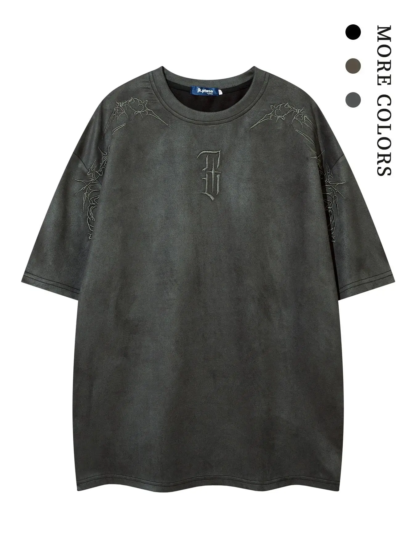 Men's Embroidery Drop Shoulder Suede Tee, Street Fashion Soft Comfy Half Sleeve Round Neck T-Shirt for Summer, Men's Top for Daily Wear