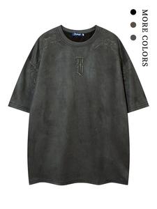 men's embroidery drop shoulder suede tee, street fashion soft comfy baggy half sleeve round neck t-shirt for summer, men's top for daily wear, streetwear