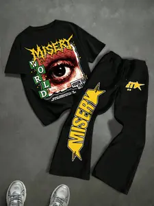 Men's New Street Style American Eye Letter Print Short Sleeve + Straight Leg Pants Set, Casual Daily Wear, Summer Outdoors