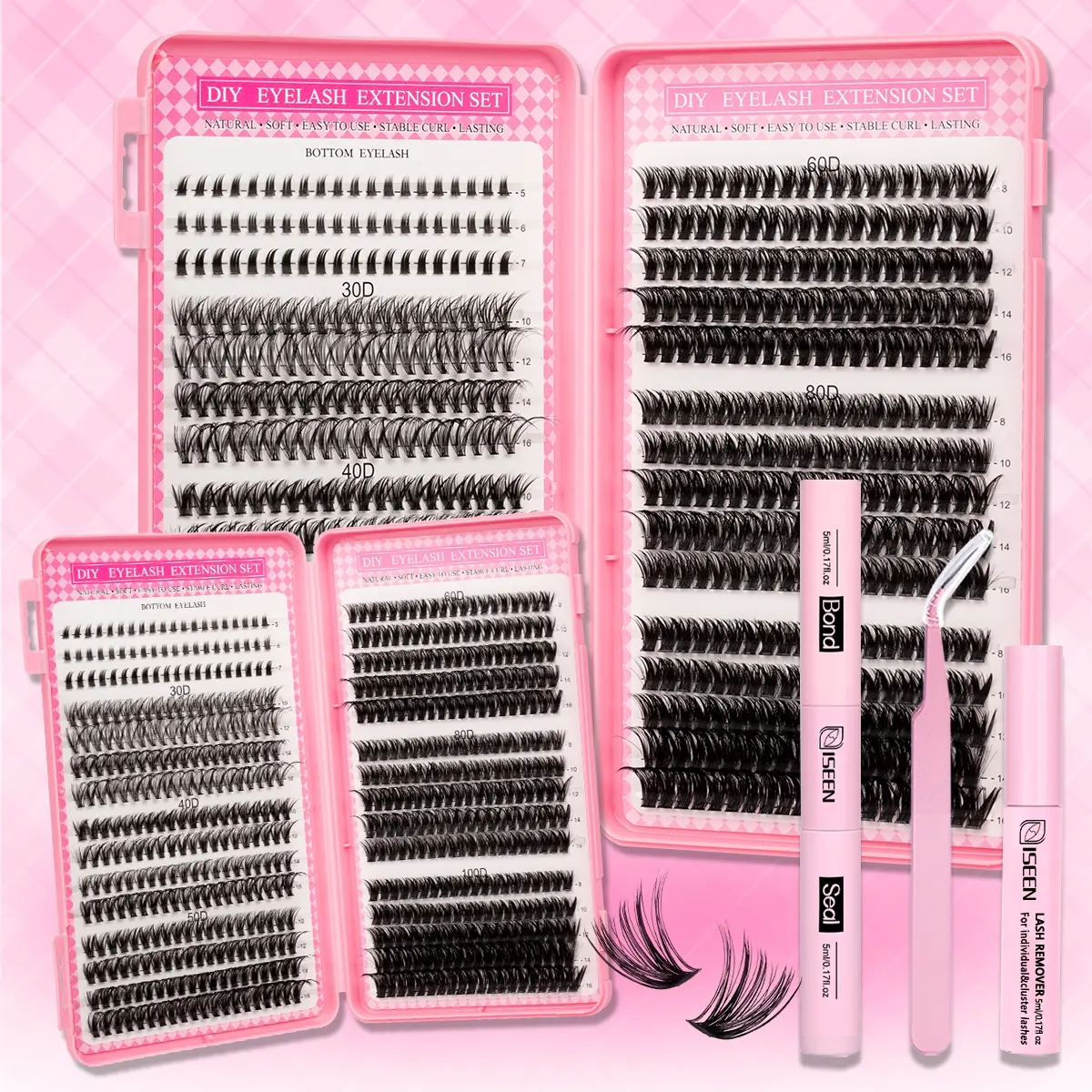 7 Styles Mixed Eyelash Clusters Kit, 600 Pieces D Curl Lashes Extension, 5-16mm Long Thin Lashes, Includes Glue and Tweezers, Eyelash Extensions Kit, DIY Eyelash Extensions