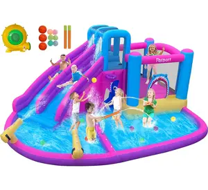 FBSPORT Inflatable Bounce House Double Slide,Water Slide Park Bounce House with Ball Pit,Water Cannon, Climbing Wall, Kids Bouncy Castle with 550W Air Blower for Backyard, Outdoor, Indoor