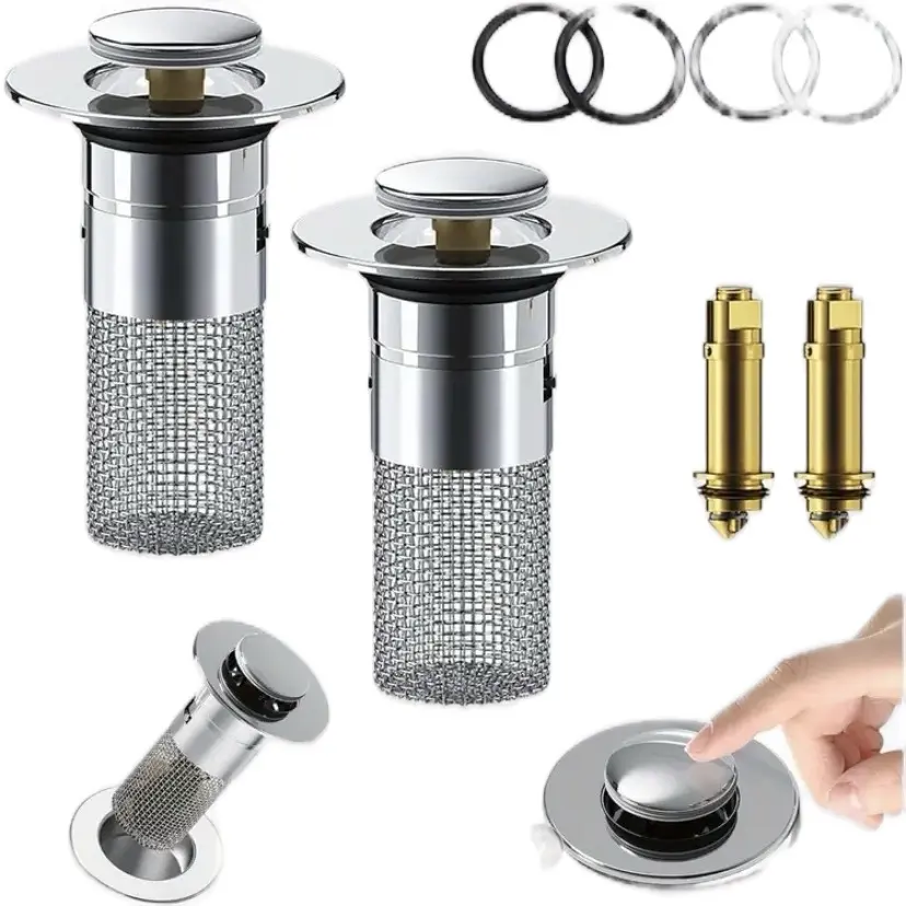 2Pcs Bathroom Sink Stopper Hair Catcher - Easy-Use Pop-Up Design with Durable Removable Stainless Steel Filter Basket for Effective Hair Catching and Advanced Sink Drain Filtering - Perfect Replacement for US Bathroom Sink Stoppers and Drain Strainers