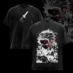 Tanjiro Tee - Demon Slayer Kimetsu no Yaiba T-Shirt Acid Wash Vintage Oversize Unisex Heavy Cotton Menswear Top Anime Manga Graphic Tee Washed Double Printed Retro Streetwear, Tanjiro Kamado Movie Black Graphic t-shirt