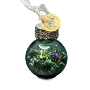 Prosperity Good Wealth Witches Ball Glass Ornament with Detailed Floral Design and Gold Coin Topper