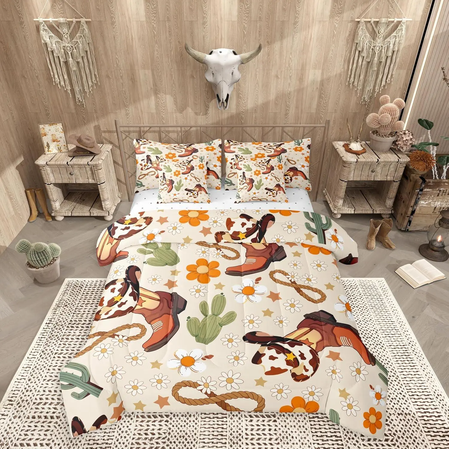Western Comforter Set 7 Pieces Cowgirl Floral Bedding Set Western Cowboy Boots Bed in a Bag with Comforter,Sheets,Pillowcases,Cushion Covers Wild West Cactus Flower Beige