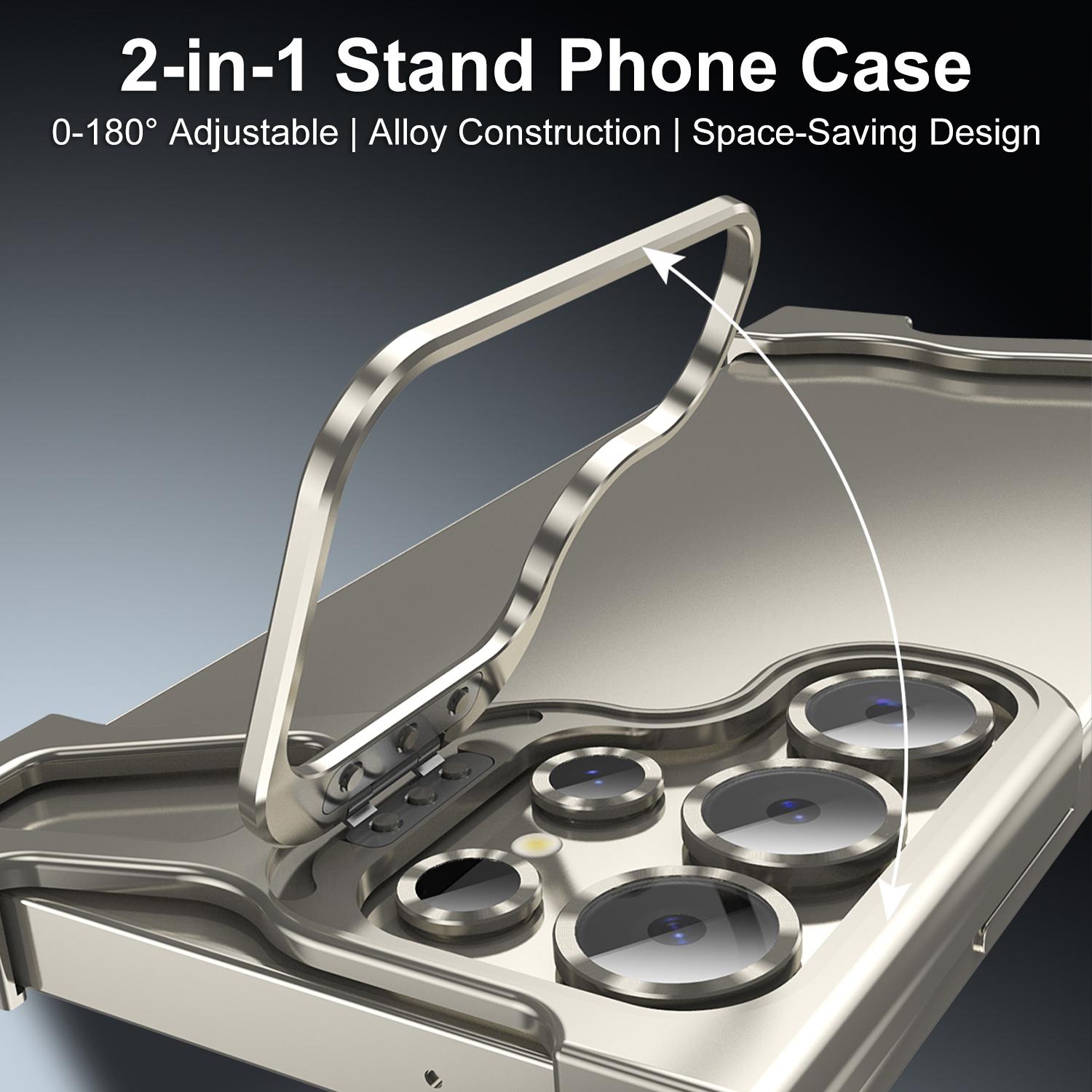 Compatible For Samsung Galaxy S25 S24 S23 S22 ULTRA Borderless Lens Stand Case, Aluminum Metal Frameless Design, with Camera Lens Protector, Slim Thin & Lightweight, Shockproof Bumper Case for Women Men