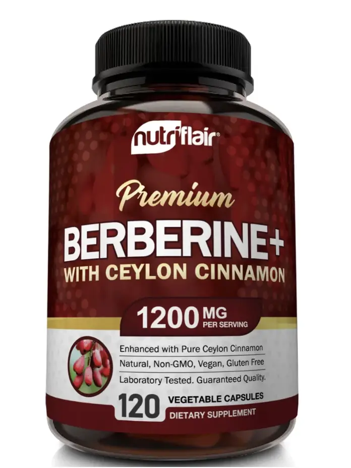 Nutriflair Berberine HCI with Organic Ceylon Cinnamon, Blood Sugar Wellness Supplement, Natural Dairy-Free and Vegan-Friendly - 120 Dietary Capsules