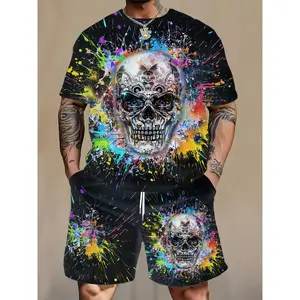 Men's Plus Size 2pcs Set, Casual Crew Neck T-Shirt with Skull Print & Drawstring Pocket Shorts, 100% Polyester Knit Fabric, Slight Stretch, Regular Sporty Fit, Vibrant Paint Design, PLUS SIZE