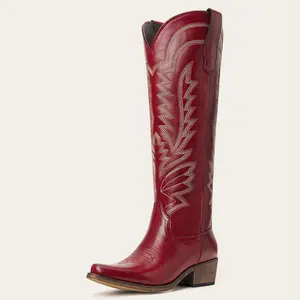 Western Style Knee High Cowgirl Boots with Embroidered Design for Women Side Zipper Snip Toe Comfortable Western Style