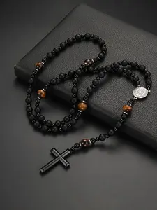 Men's Tiger Eye Stone Beaded Necklace, Fashionable Cross Pendant Necklace for Party, Daily Decor, Trendy All-match & Exquisite Jewelry for Birthday Gift