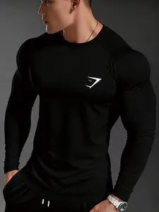 Men's Fitted Long Sleeve Tight Fit Shirt, Minimalist Sport Brand Design, Modern Sports Style, High Stretch Breathable Fabric, Fitness Shirt