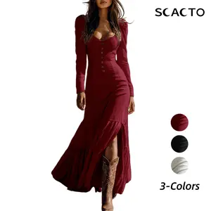 Scacto Women's Solid Color Vintage Western Long Sleeve Ruffle Lace Trim Sexy Maxi Dress With Center Slit Spring Fall Cowgirl Style - Casual, Fabric
