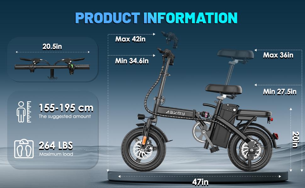 ASKMY E14 Compact Folding Electric Bike, 1000W Powerful Motor, 45 Mile Long Range | 14" Tubeless Fat Tires, Dual Disc Braking System | UL Certified Battery, Lightweight Urban Commuter E-Bike