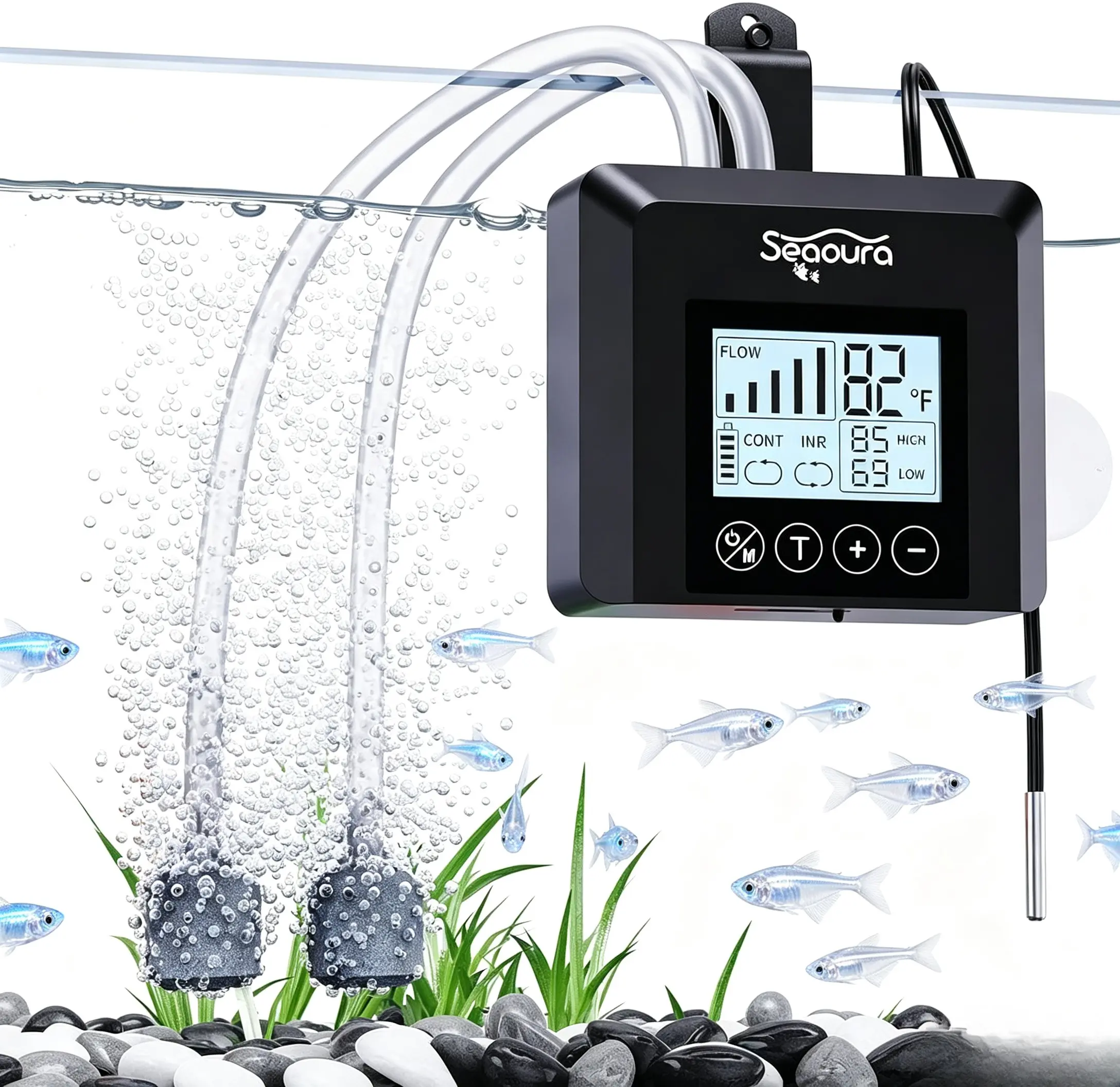 Seaoura USB & Battery Powered Aquarium Air Pump (ABS), 2.5W Silent Portable Rechargeable Aerator, 1.8L/min+ Airflow, 3-in-1 Temperature Monitor & Alarm, 3.54*3.14*1.57in, Continuous-Intermittent Modes, Outdoor Use (Fish Tank/Bait Bucket Accessory)