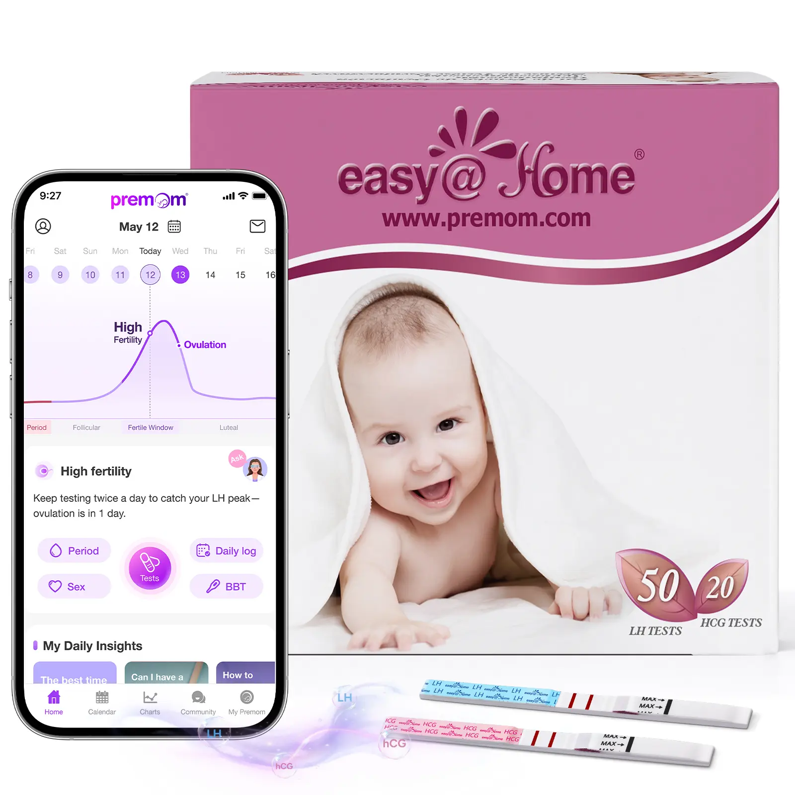 Easy@Home LH+hCG Combo Kit, Ovulation & Pregnancy Test Strips, Supports Premom Ovulation Tracker App, Fertility Tests for Women
