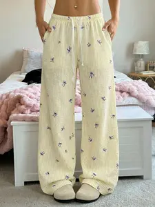 Coquette Aesthetic Bow Print Striped Crinkle Cotton Wide Leg Lounge Pants for Women - Soft Breathable Textured Fabric, Casual Comfy Loungewear Nightwear for Home & Weekend Outings, Y2K Cute Bow Pattern, Elastic Waist with Drawstring, Relaxed Fit Trousers