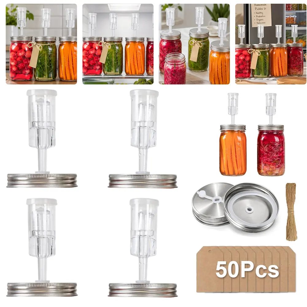 4-Piece Wide Mouth Glass Mason Jars with Reusable Stainless Steel Fermentation Lids, Airlocks and Silicone Grommets, Simple Fermenting Tool Ideal for Beginners, Mason Jar