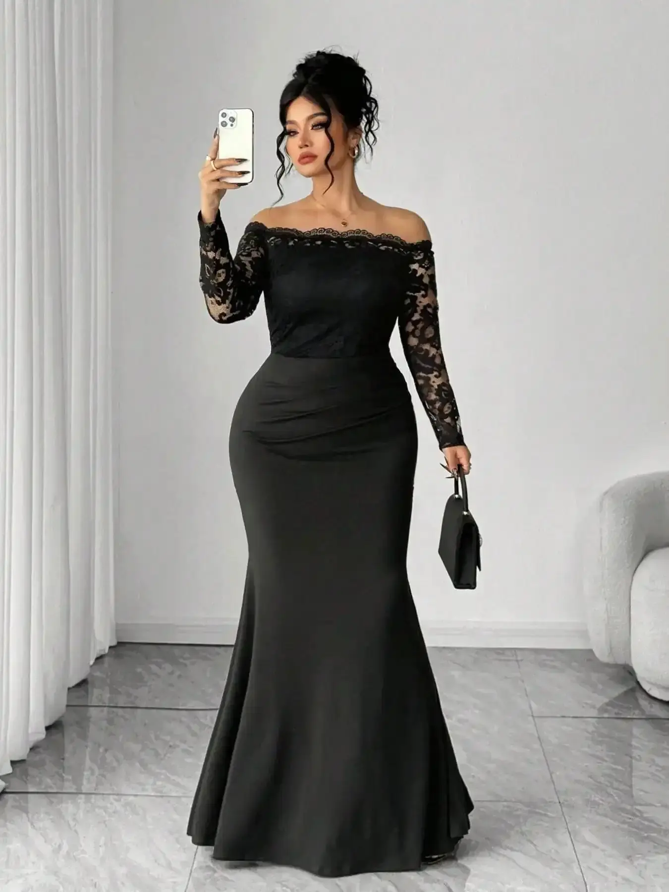 Plus Size One-Shoulder Lace Mermaid Dress, Elegance, Stretchy Comfortable Fabric, Perfect for Cocktail Parties, Weddings, Dates, Birthdays, Night Out