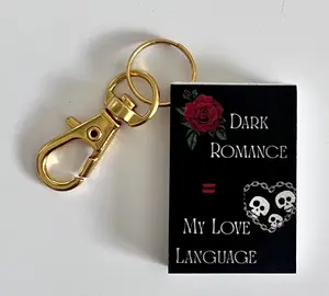 Mini Book Keychain - Dark Romance is My Love Language 1x1.5 Inch Book Shaped Keychain with Keyring Featuring Rose & Skull Design for Romantic Lovers