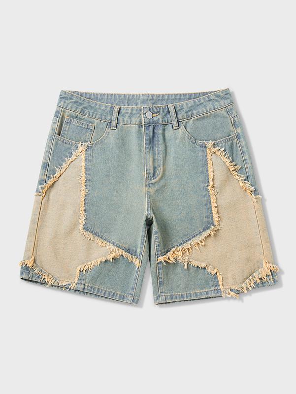 Frayed Hem Star Spring To Summer Pattern Wide Leg Jorts Denim Shorts with Pocket