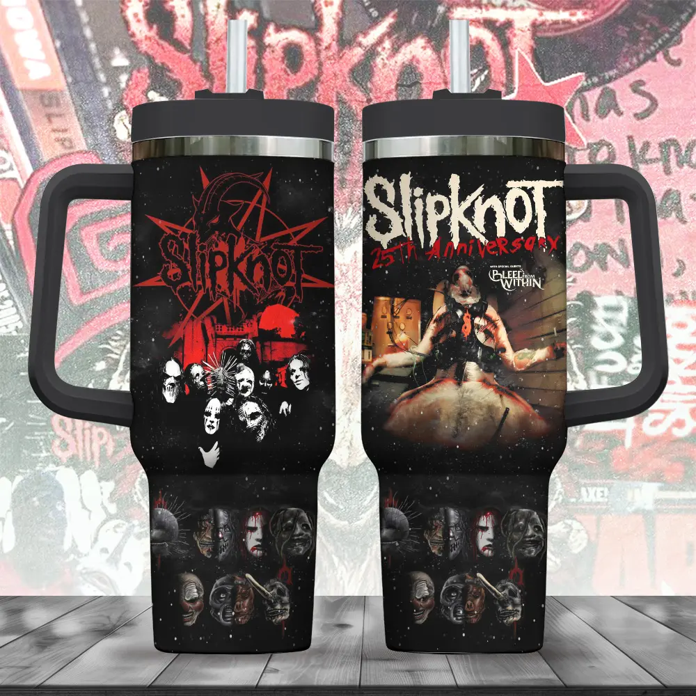 Slipknot 40oz Tumbler with Handle & Straw, 25th Anniversary Cup, Heavy Metal Band Merch, Iconic Mask Design, Nu Metal Music Fan Gift, Rock Concert Travel Cup