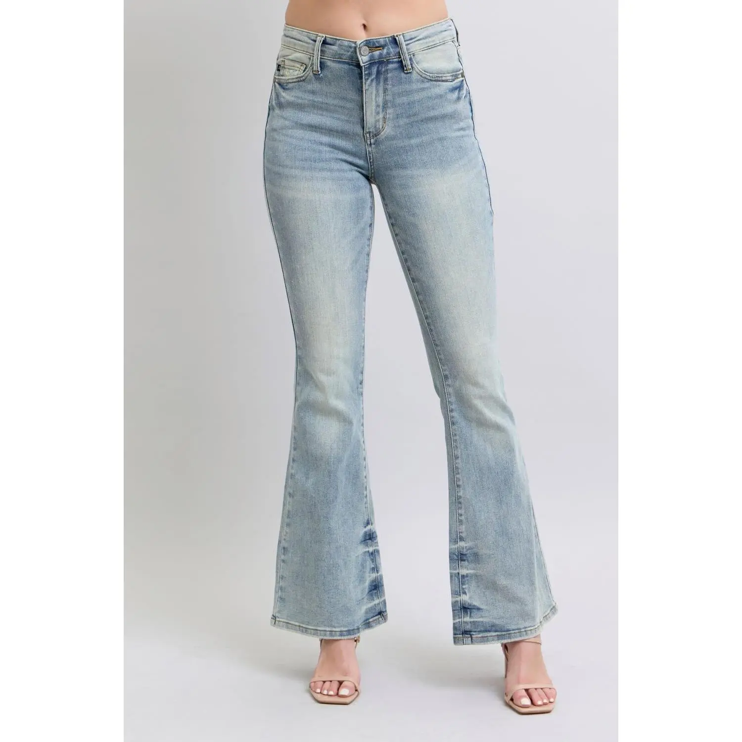 Judy Blue Women's Mid Rise Flare Jeans with Contouring Pin Tack Detail and Stretch Spandex Fabric - Everyday Elevated Basics, Slimming, Flares Out From Knee, Stretch Denim, Vintage, Feminine, Regular Sizes, Multi-Size, 14W, Bottoms, Soft, Mid Rise Jeans