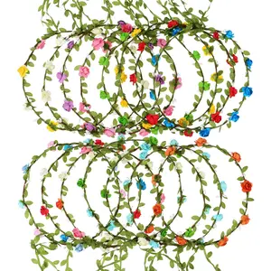 15 Pieces Party Flower Crown Wreath Assorted Colored Headband Garland Multicolor Headbands Floral Headpiece for Wedding Festival Vacation Fairy Party Photography Props