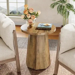 Tribesigns Round Pedestal End Table, Farmhouse Couch Side Table with Octagonal Base, Rustic Brown Nightstand Accent Wooden Drink Stand for Living Room, Bedroom