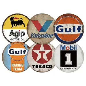 Vintage Metal Tin Plate Set, 6 Pieces 20.32x20.32cm Round Wall Art Signage, Vintage Garage Signs, Retro Gasoline Design, Perfect for Garage Bar Man Cave Decor