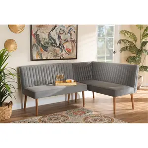 Baxton Studio  Alvis Mid-Century Modern Velvet Upholstered & Wood Dining Nook Banquette Set, Grey & Walnut Brown - 2 Piece