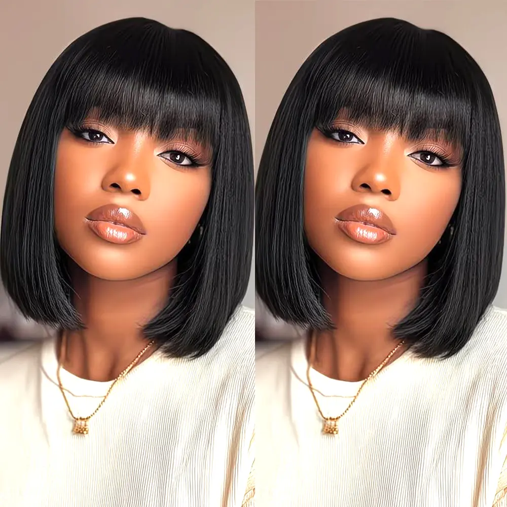 Women's Foypot Short Bob Human Hair Wig, Natural Black With Bangs, Pre-Plucked Glueless Blunt Cut, 200% Density Silk Wear-and-Go Lace Front Wigs