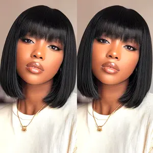 Women's Foypot Short Bob Human Hair Wig, Natural Black With Bangs, Pre-Plucked Glueless Blunt Cut, 200% Density Silk Wear-and-Go Lace Front Wigs