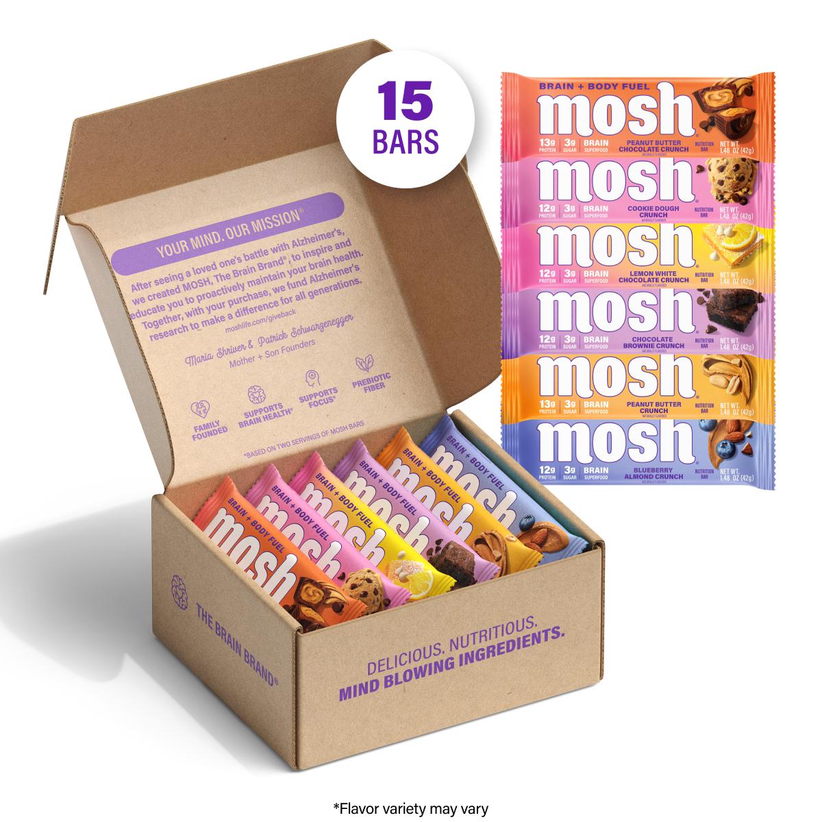MOSH Best Sellers Variety Pack - 15 High Protein Bars (Chocolate, Cookie, Peanut, Almond Flavors) - Lower Sugar, High Fiber, Keto-Friendly, Gluten-Free, 6+ Brain Nutrients (Including Cognizin) - Mission-Focused, Gives Back, Ideal for Cupboard Storage,summ