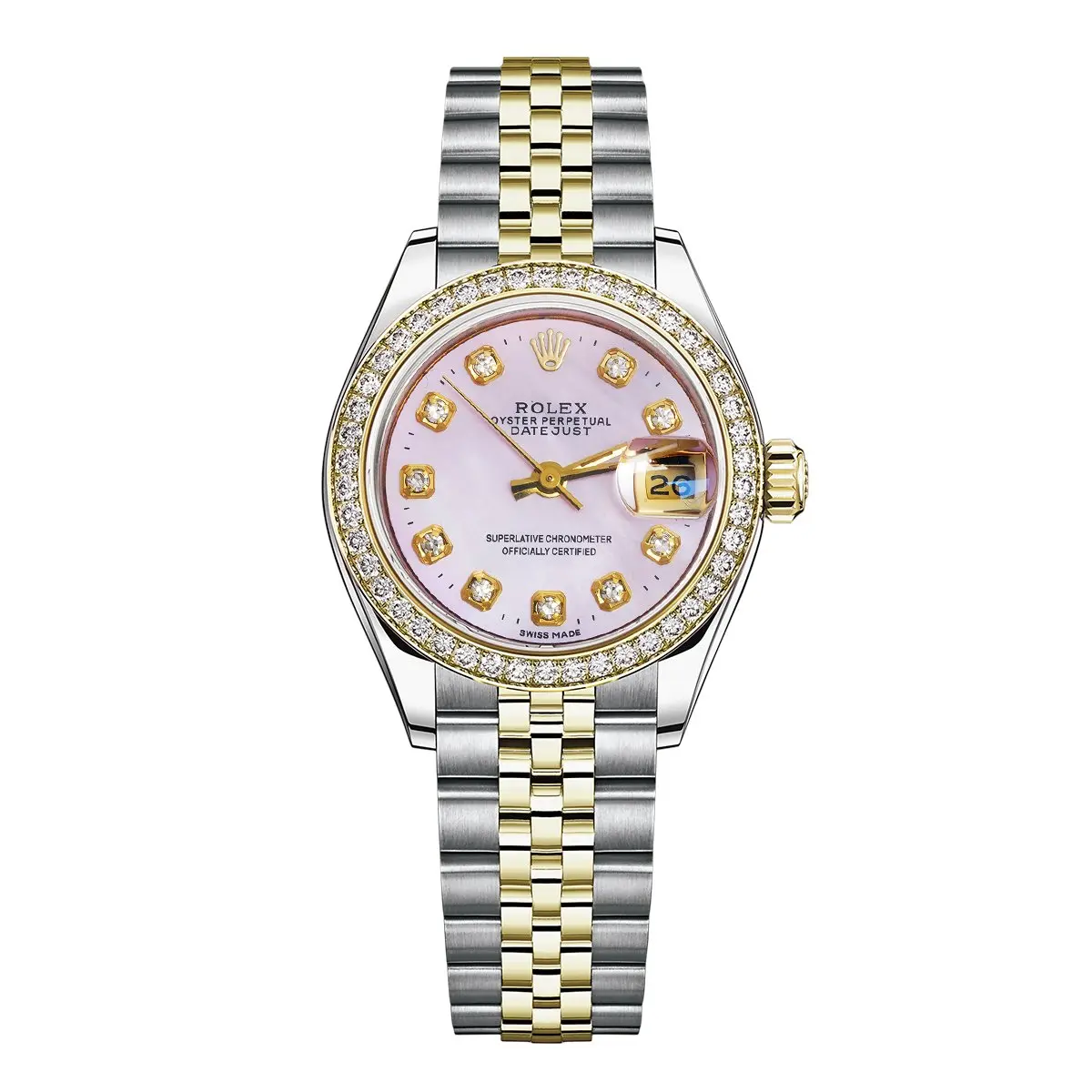 Rolex Lady-Datejust 26mm Two-Tone 18K Gold & Steel Aftermarket Diamond Bezel & Pink Mother of Pearl Diamond Dial 69173 WHP040054