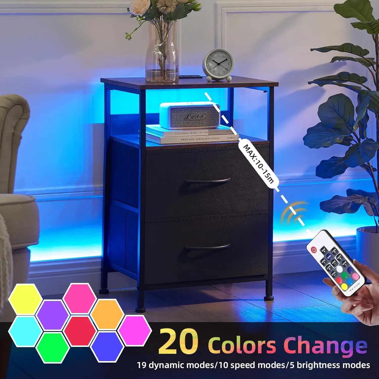 Somdot Nightstand with Charging Station and LED Light for Bedroom, Bedside Table End Table for Dorm Bedside Laundry Closet Entryway Hallway