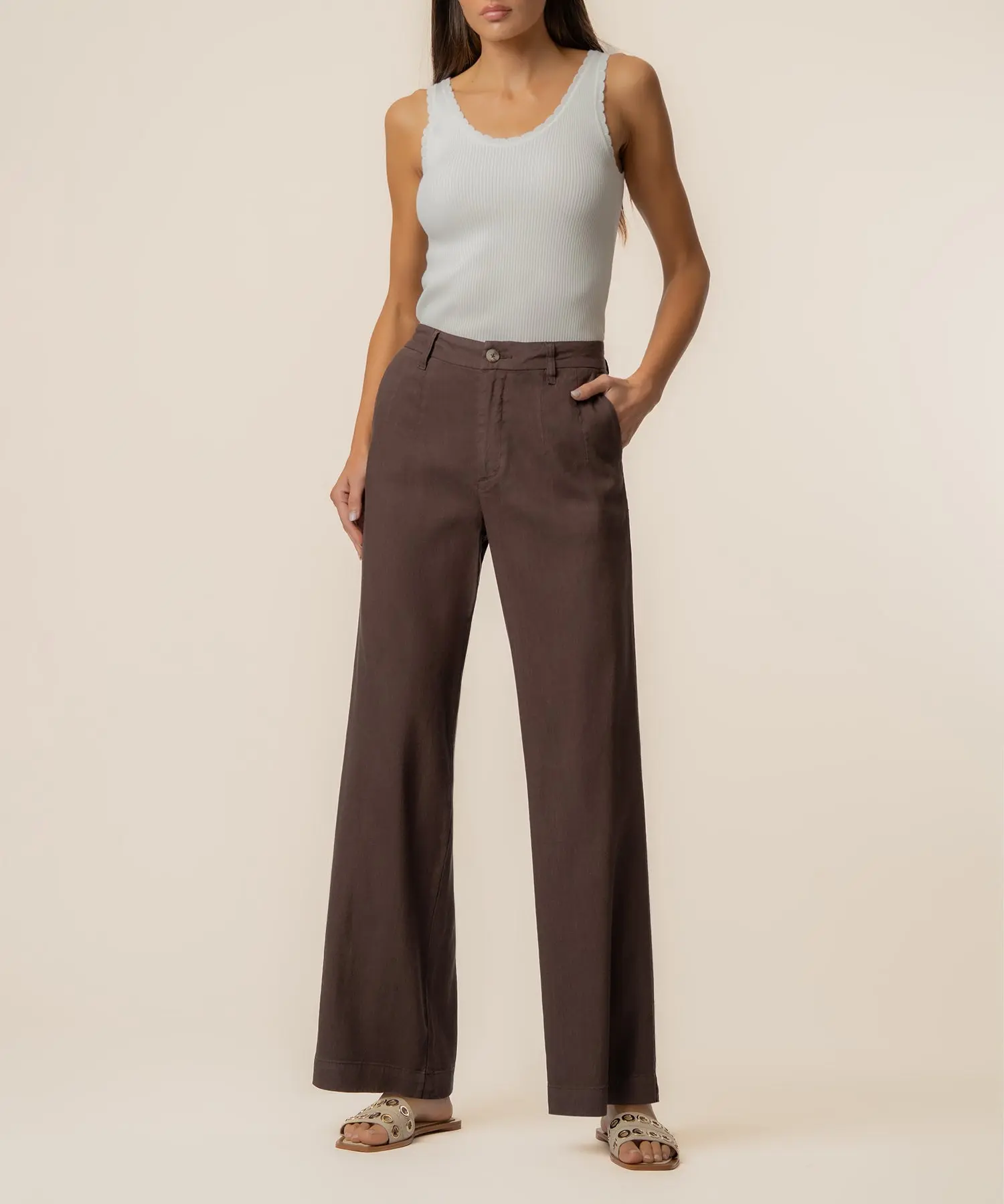 Meg Linen High Rise Wide Straight Leg in Chocolate