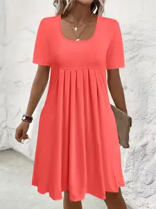 Women's Plus Size Pleated Short Sleeve Round Neck Loose Comfortable Straight Dress, Casual Summer Fashion, One Piece
