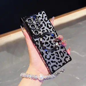 Elegant Leopard Print Phone Case, Shockproof Transparent Design, Magnetic Closure, Luxury Strap, for Samsung Galaxy S26 Ultra/plus/s25 Ultra/s24 Ultra