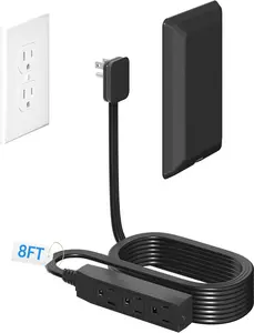 8FT Flat Plug Extension Cord wit Cord Concealer Kit,3 Outlet Power Strip,Wall Extension Cord wit Flat Plug for  Protection,Universal Size for ome,Batroom wit ETL Listed,Black