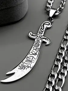 Arabic Ali Zulfiqar Sword Quran Allah Pendant Statement Religious Necklace for Women Men Stainless Steel Gold Color Muslim Islamic Chain Jewelry Design Stainless Steel Necklaces