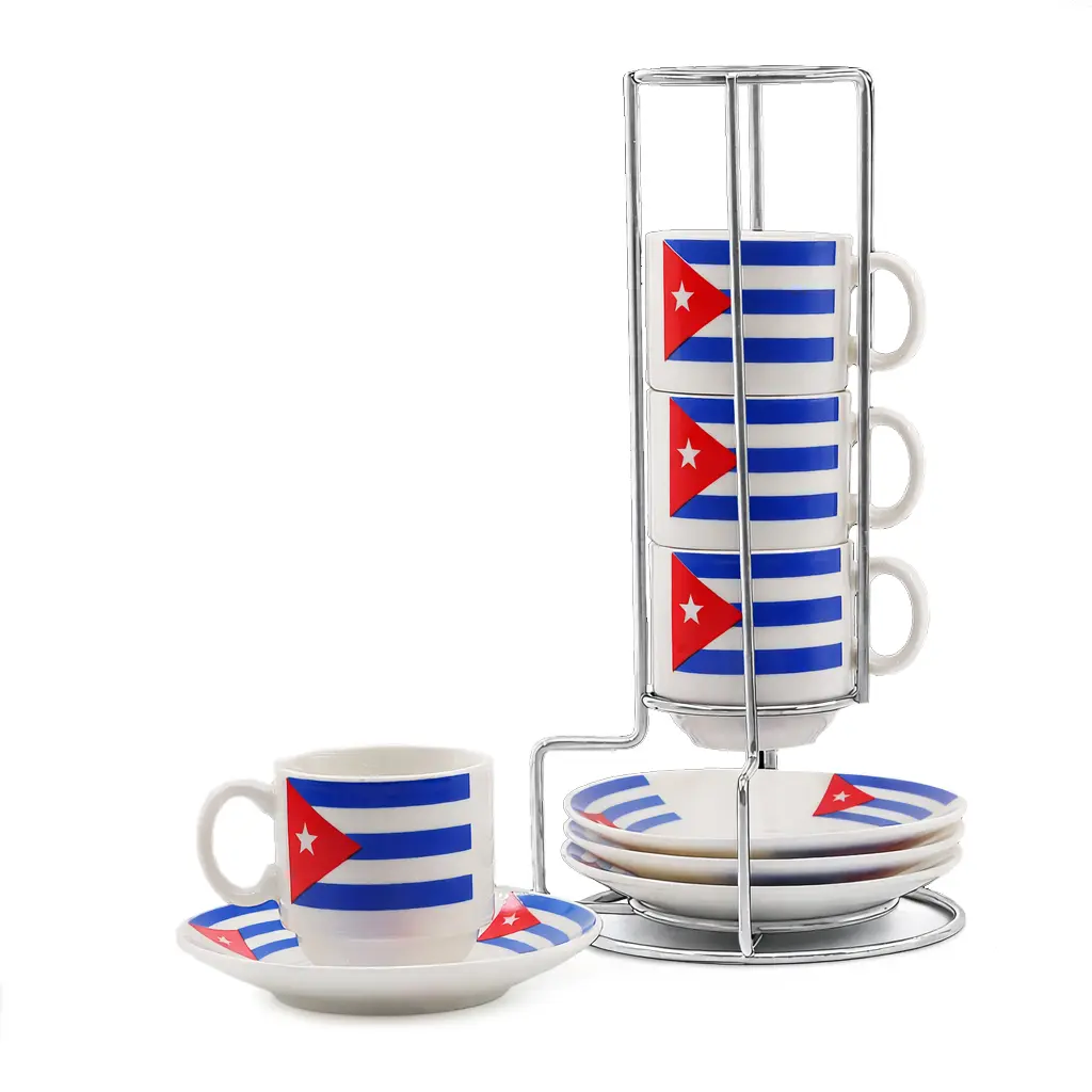 Cuban Flag 3.0 fl oz Espresso Cup Set, Space-saving Stacking Mug Set 4 Cups and Saucers with Metal Stand