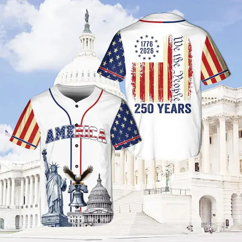 USA 250 Years Baseball Jersey, 1776–2026 Semiquincentennial Patriotic Jersey, We The People Eagle Statue of Liberty 4th of July Jersey