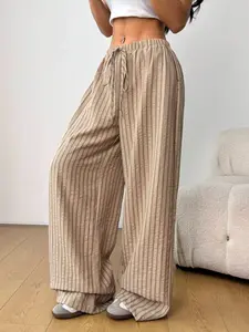 Women's Multi-Color Striped Drawstring Adjustable Wide Leg Pants, Elastic Waist Loose Casual Trousers, Slimming Straight Fit Comfortable Home Wear, Casual Comfy Elastic