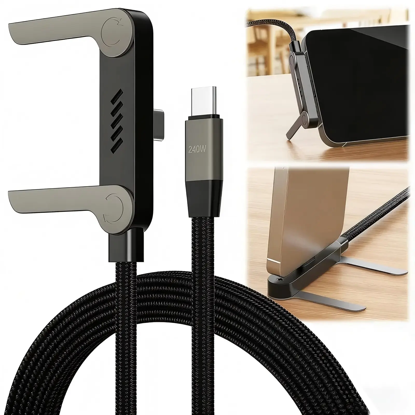 240W Wired Super Fast Charging Cable with Invisible Smartphone Stand, 2-in-1 Type-C Game Charger for Mobile Phones, Car Use - Black, Compatible with Cellphones