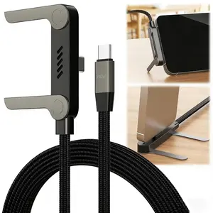 240W Super Fast Charging Cable with Invisible PhoneStand, 2-in-1 Type-C Cord & Holder for Gaming, Office,Car - Black