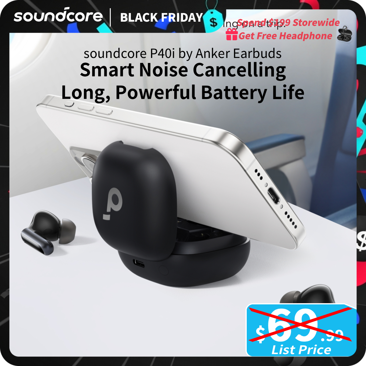 [TikTokShopBlackFriday] soundcore P40i by Anker, Noise Cancelling Wireless Earbuds, Adaptive Noise Cancelling to Environments, Heavy Bass, 60H Playtim