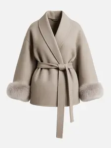 Women's Elegant Solid-Color Long-Sleeve Plush Thermal Coat Jackets with Waist-Tie and Wrap Design