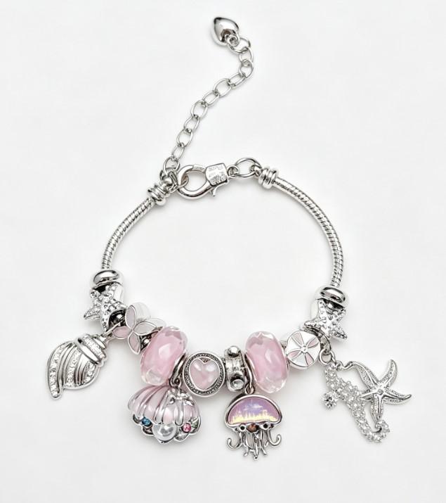 Pink Ocean Sea Themed Charm Bracelet, Silver Snake Chain Bracelet with Jellyfish, Seashell, Starfish, Mermaid Tail Pink Crystal Beads, Adjustable Mermaid Ocean Dangle Charms Bangle Jewelry Gift for Women Girls